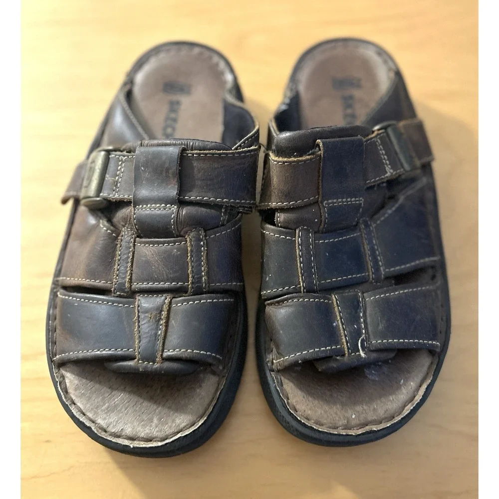 Vintage Unisex Skechers Leather Comfort Sandals Brown Adjustable Slide‎ Y2K